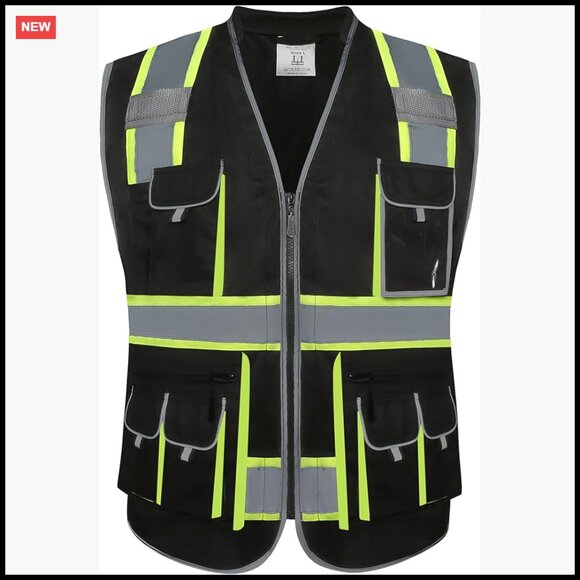 Hi-Vis Safety Vest Zipper Front Reflective Tapes 10 Pockets Workwear Utility